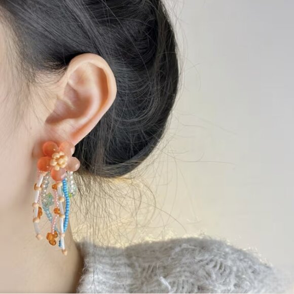 NEW Evaline Colorful Beaded Flower Statement Earrings Red Blue Pink - Picture 1 of 4